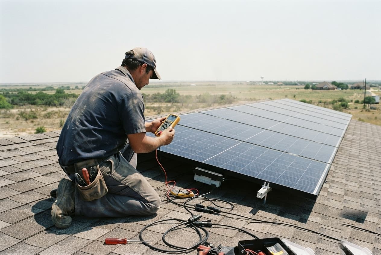 A Lonestar Solar technician kneeling on a residential rooftop beside a photovoltaic array, reading a handheld multimeter connected to a panel-level optimizer under hard midday sun.