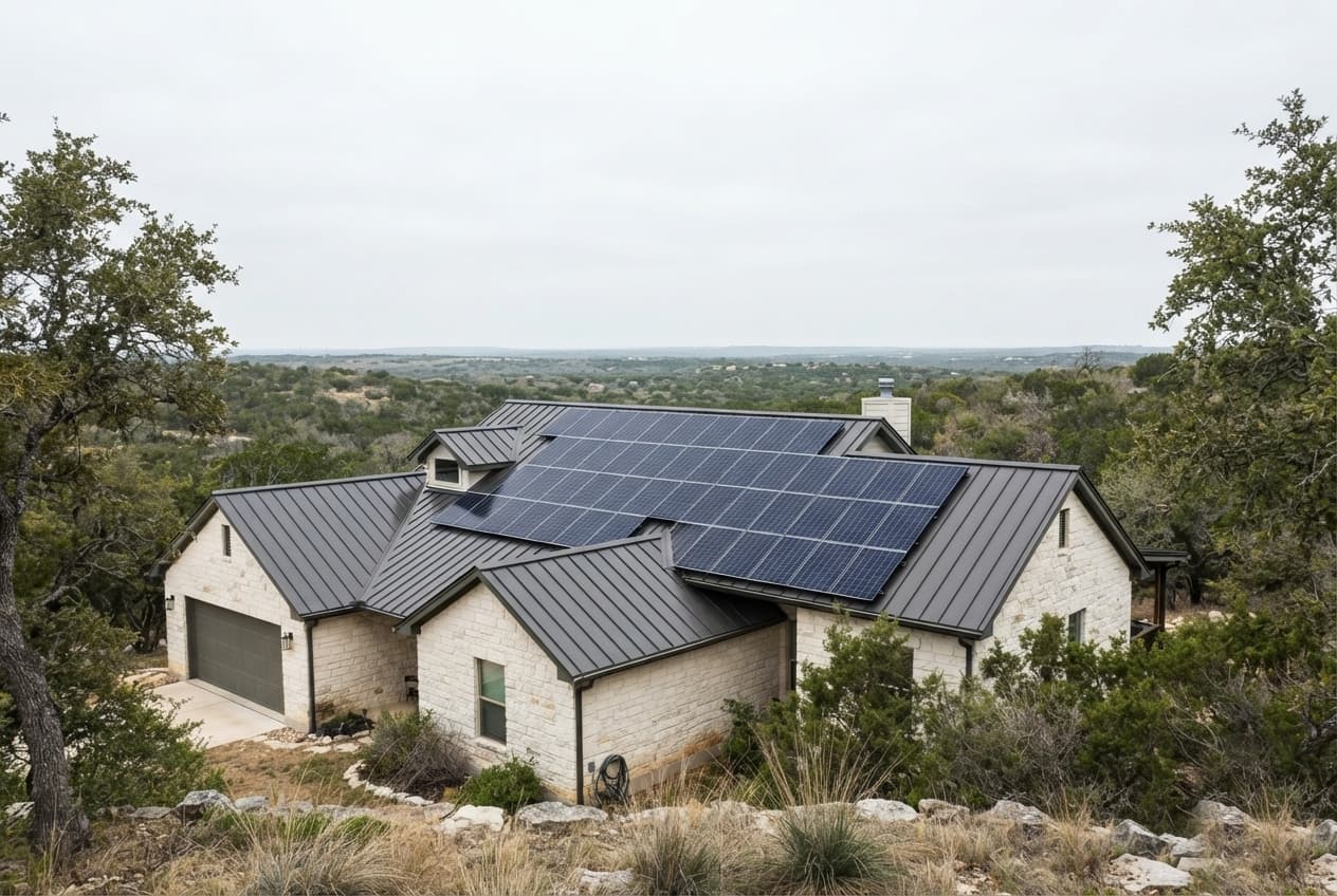 A completed solar array on the dark standing-seam metal roof of a Texas Hill Country house with limestone walls, photographed in flat midday light from across the property.