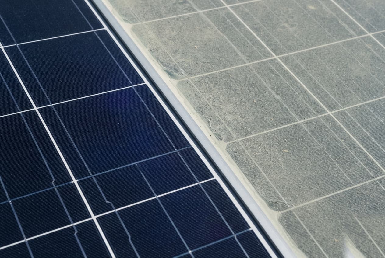 Two adjacent solar panels photographed from directly above, one recently washed and one covered in a pale film of Texas dust and pollen, with the boundary between clean and soiled glass running diagonally across the frame.